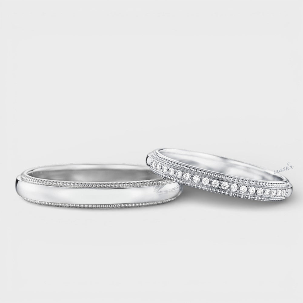 Certified GLI lab grown diamond couple band set in white gold and platinum, women’s diamond ring and men’s plain band